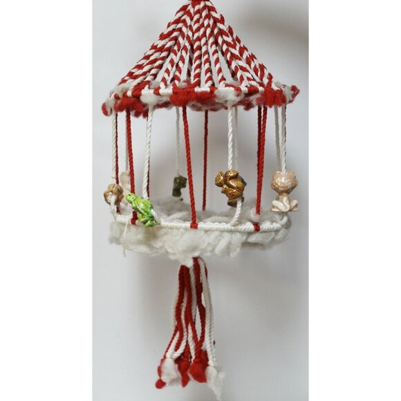 Vtg 60 Macrame Plant Holder Red/white Circus Ceramic Animal Beads Merry Go Round